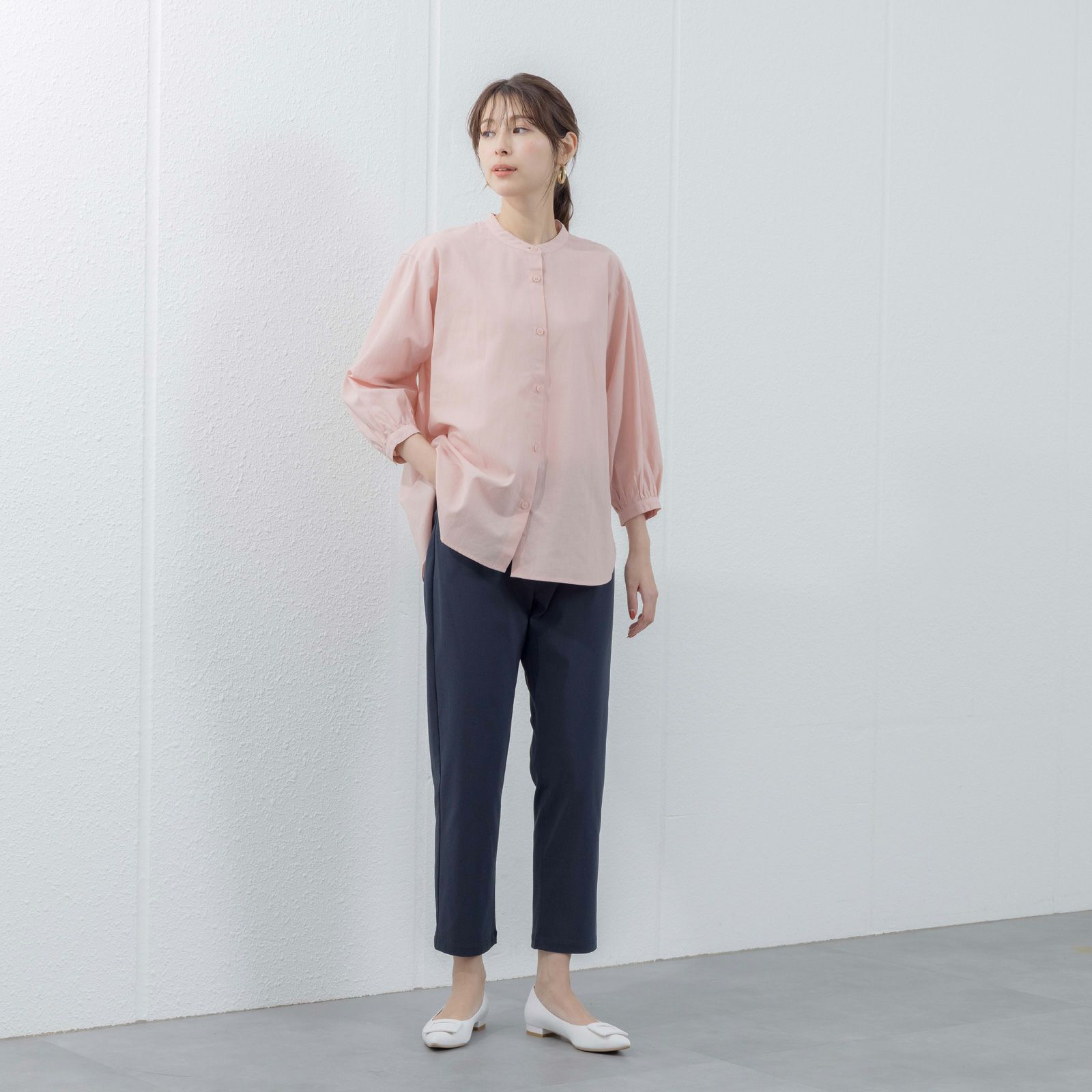 てまラク　綿麻７分袖スタンドブラウス