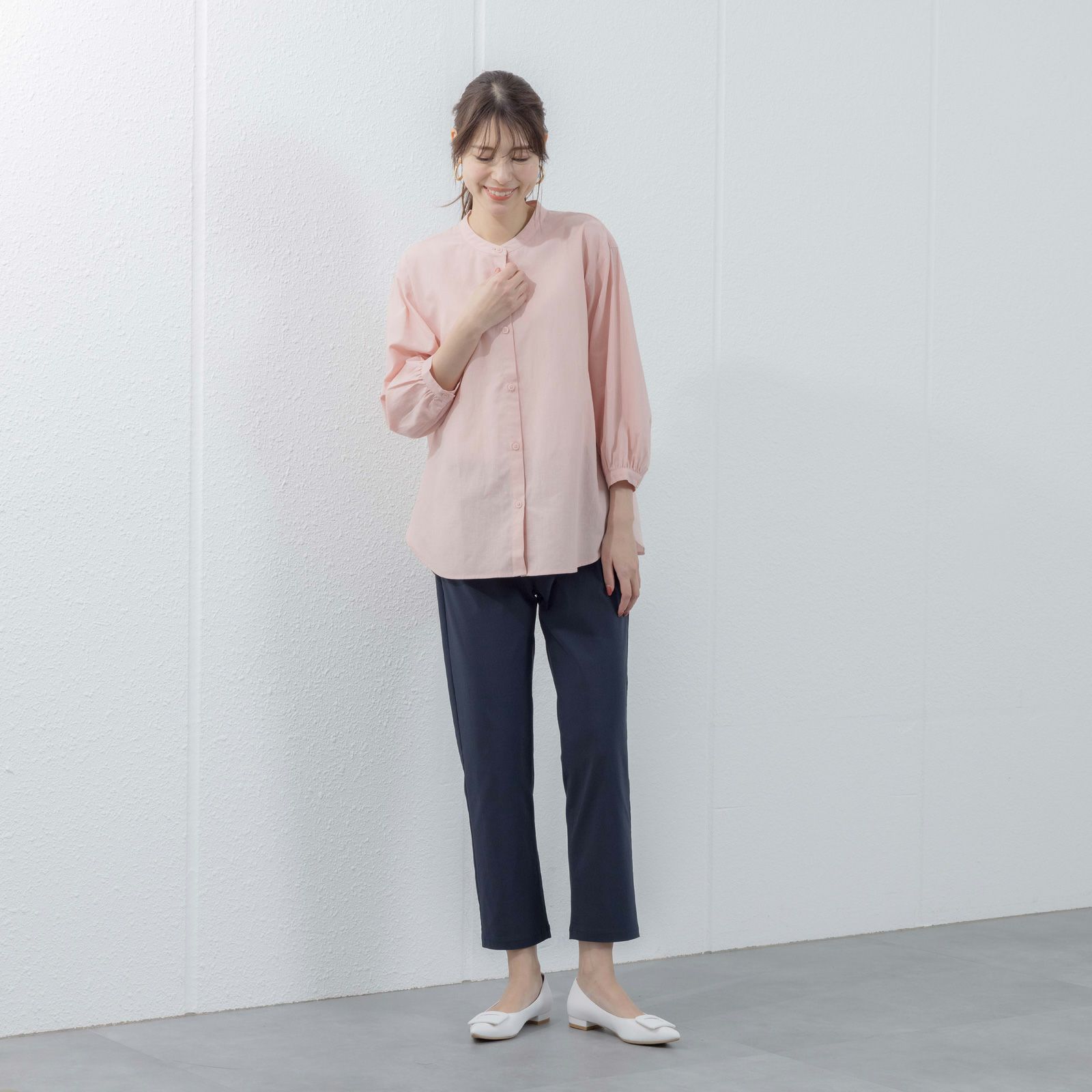 てまラク　綿麻７分袖スタンドブラウス