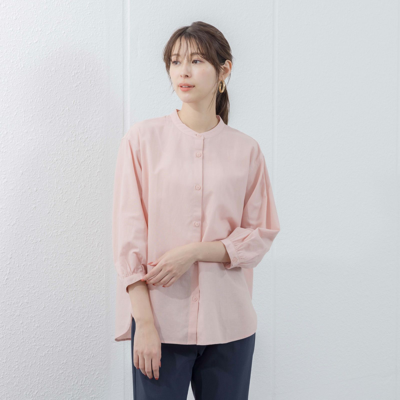 てまラク　綿麻７分袖スタンドブラウス