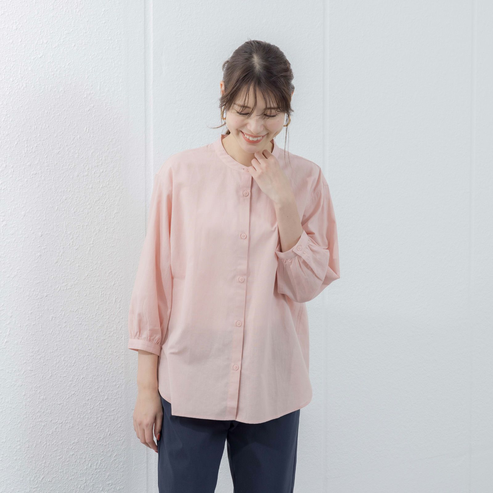 てまラク　綿麻７分袖スタンドブラウス