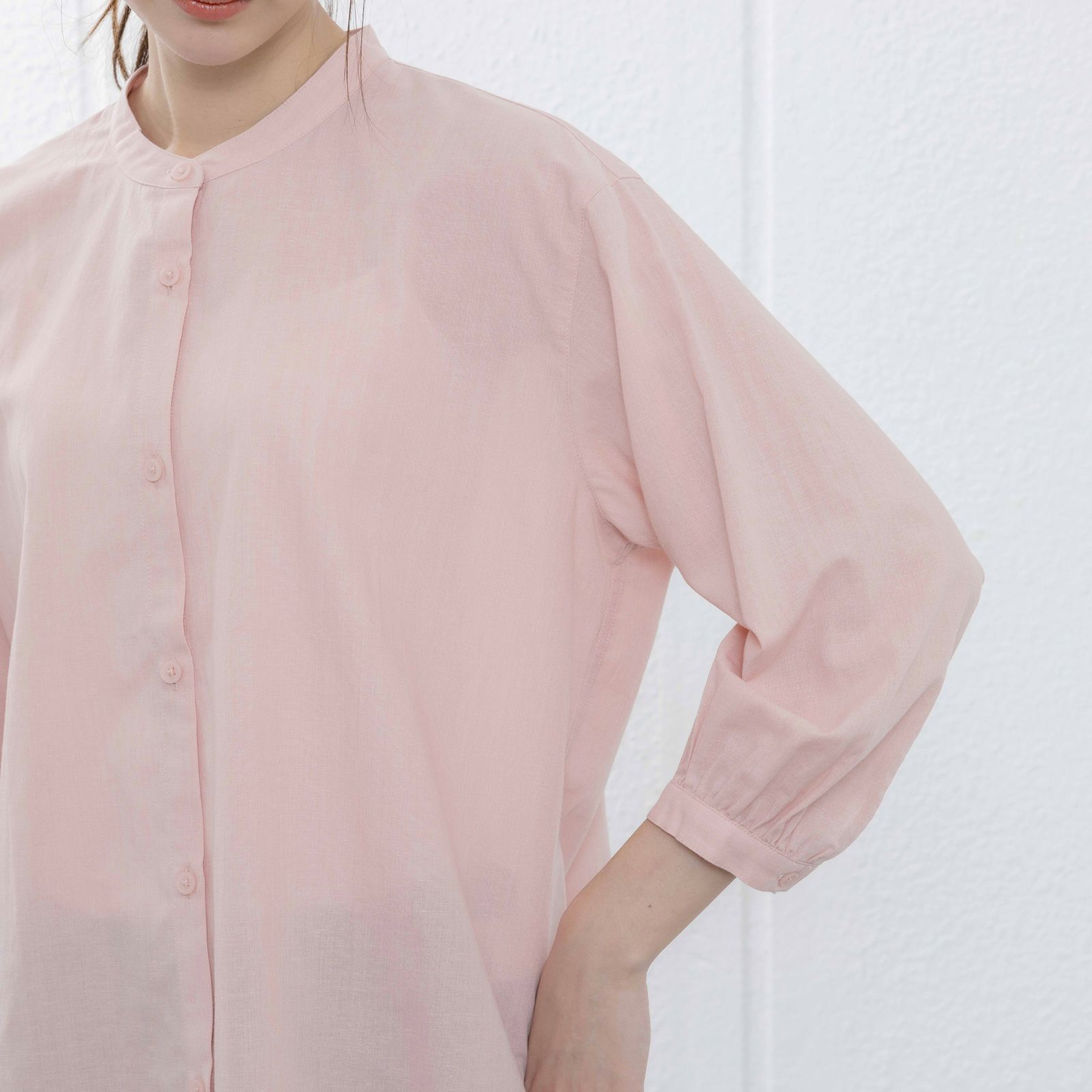 てまラク　綿麻７分袖スタンドブラウス