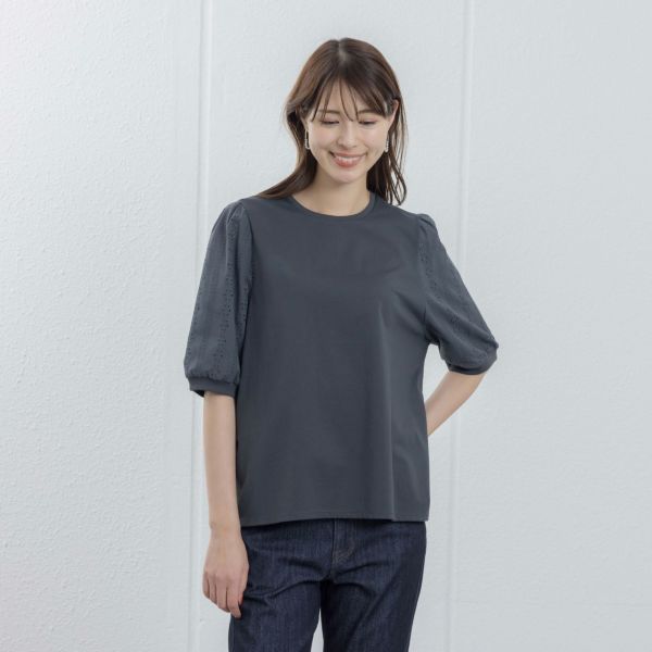 シルキーコットン　ひんやり抗菌防臭　レース５分袖Tシャツ