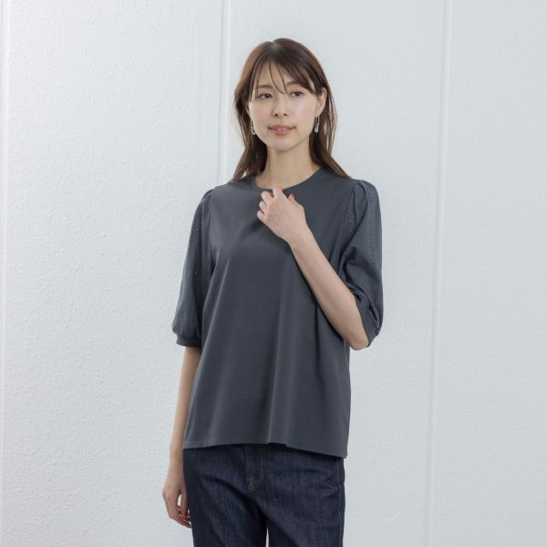 シルキーコットン　ひんやり抗菌防臭　レース５分袖Tシャツ