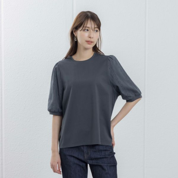 シルキーコットン　ひんやり抗菌防臭　レース５分袖Tシャツ