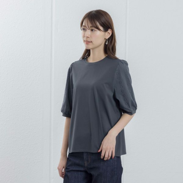 シルキーコットン　ひんやり抗菌防臭　レース５分袖Tシャツ