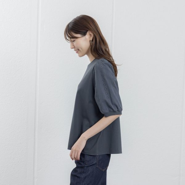 シルキーコットン　ひんやり抗菌防臭　レース５分袖Tシャツ