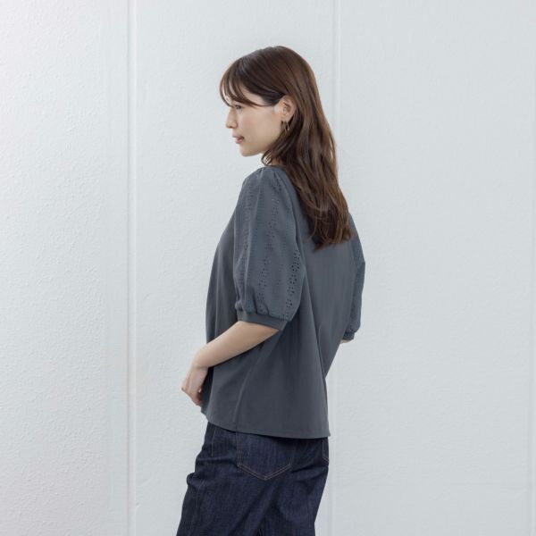 シルキーコットン　ひんやり抗菌防臭　レース５分袖Tシャツ