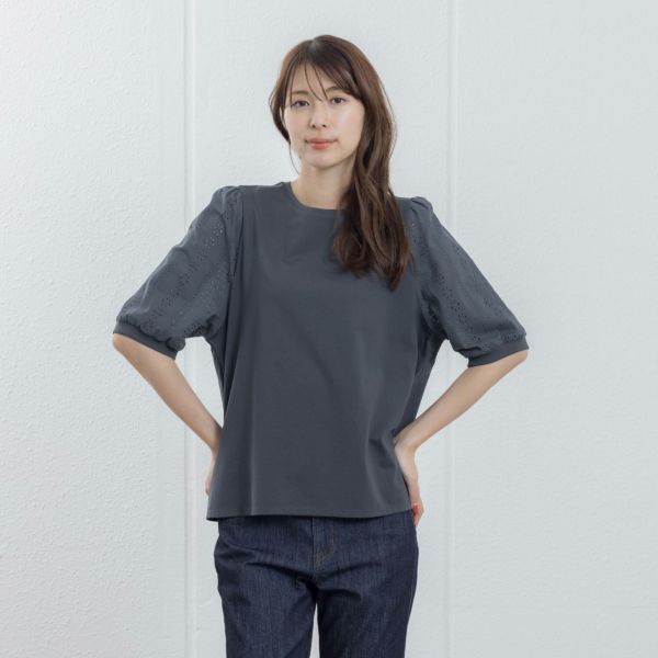 シルキーコットン　ひんやり抗菌防臭　レース５分袖Tシャツ