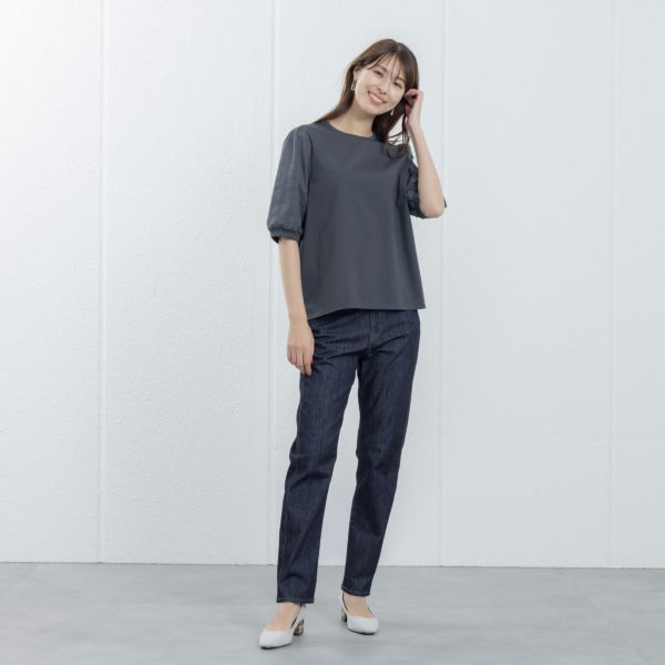 シルキーコットン　ひんやり抗菌防臭　レース５分袖Tシャツ