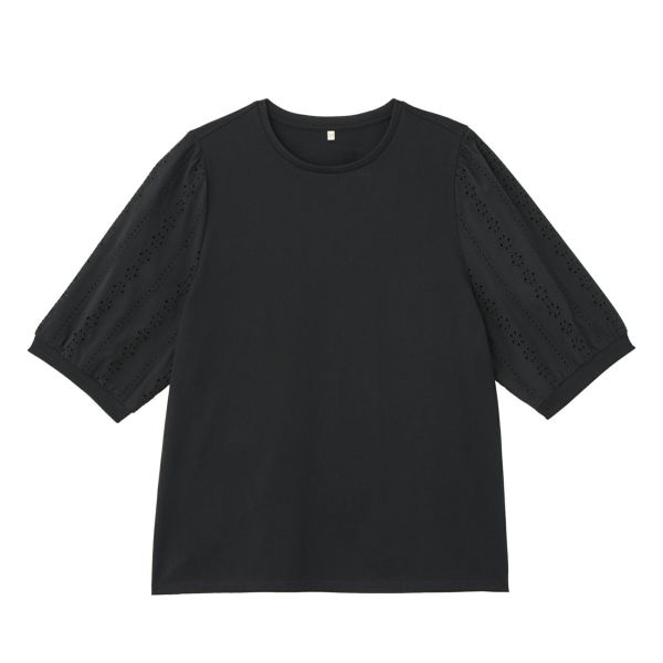 シルキーコットン　ひんやり抗菌防臭　レース５分袖Tシャツ
