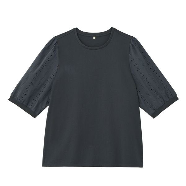 シルキーコットン　ひんやり抗菌防臭　レース５分袖Tシャツ