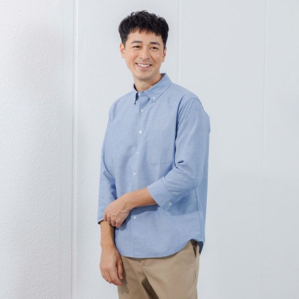 【てまらく】　麻入り無地７分袖シャツ