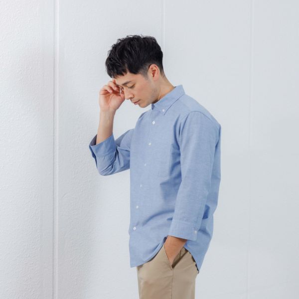 【てまらく】　麻入り無地７分袖シャツ