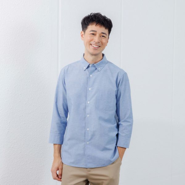 【てまらく】　麻入り無地７分袖シャツ
