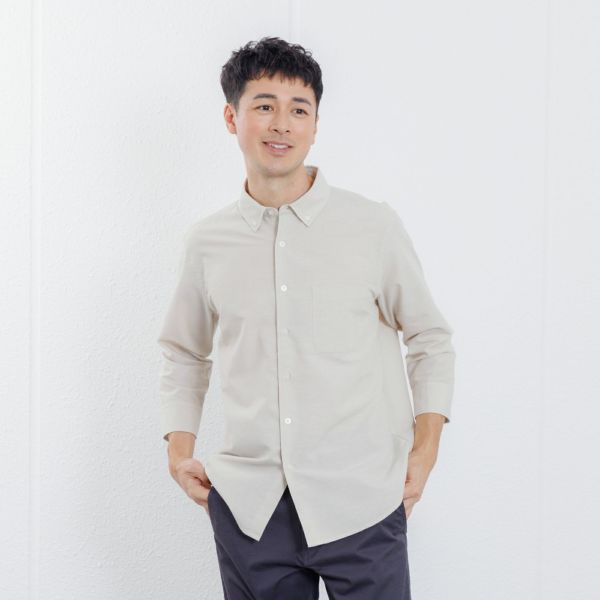 【てまらく】　麻入り無地７分袖シャツ