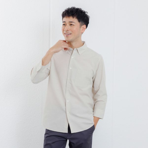 【てまらく】　麻入り無地７分袖シャツ