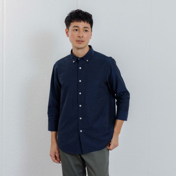 【てまらく】　麻入り無地７分袖シャツ