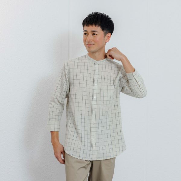 【てまらく】　麻入り柄７分袖シャツ