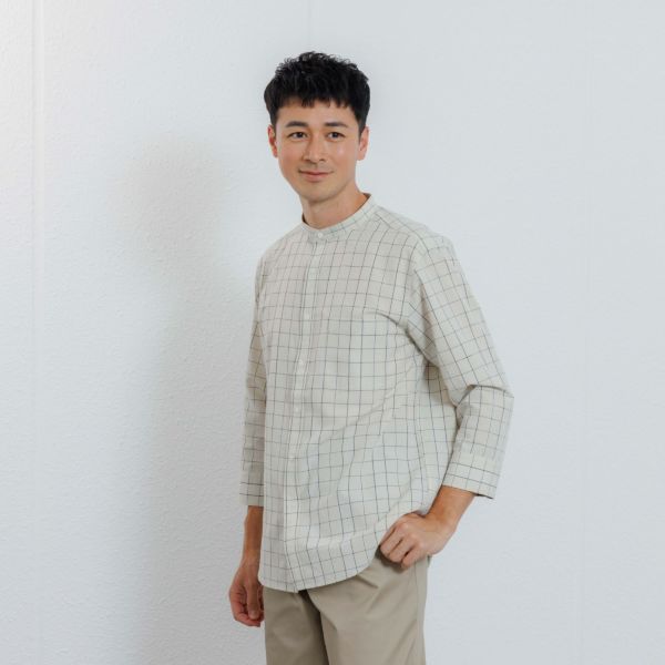 【てまらく】　麻入り柄７分袖シャツ
