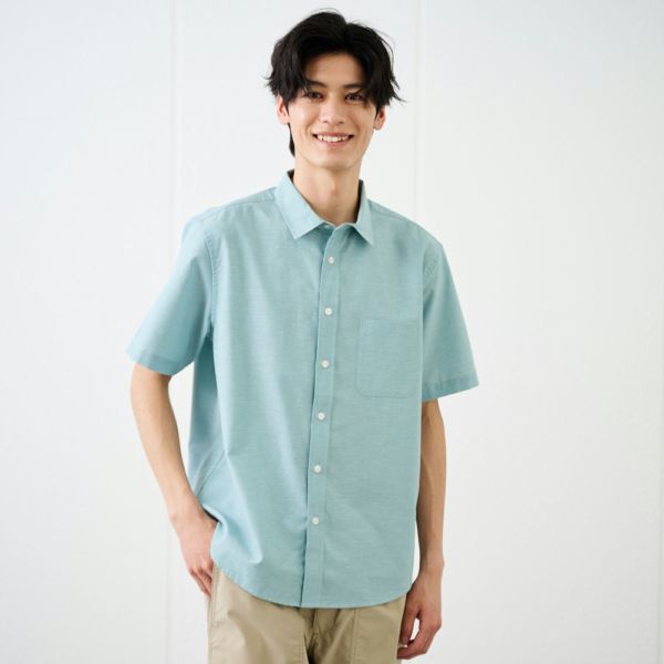 【てまラク】麻入り無地半袖シャツ