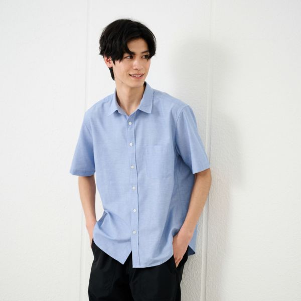 【てまラク】麻入り無地半袖シャツ