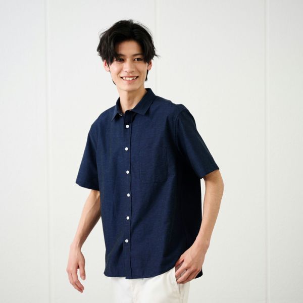 【てまラク】麻入り無地半袖シャツ