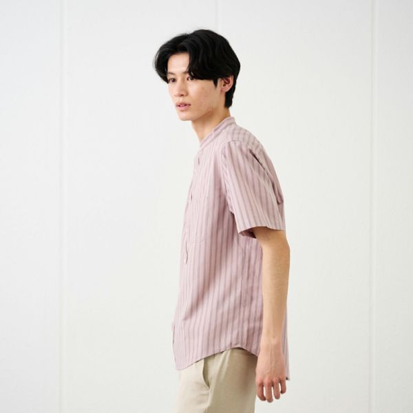 【てまラク】麻入りストライプ半袖シャツ