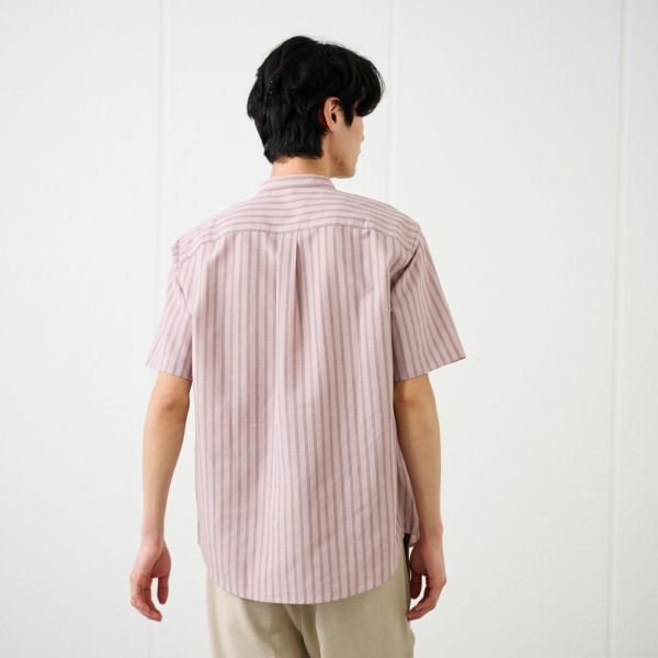 【てまラク】麻入りストライプ半袖シャツ