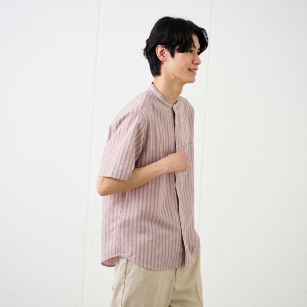 【てまラク】麻入りストライプ半袖シャツ