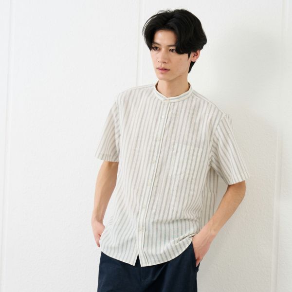 【てまラク】麻入りストライプ半袖シャツ