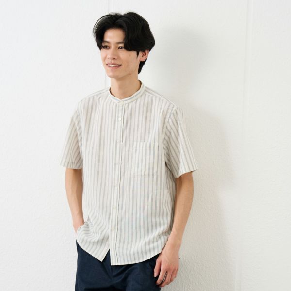 【てまラク】麻入りストライプ半袖シャツ