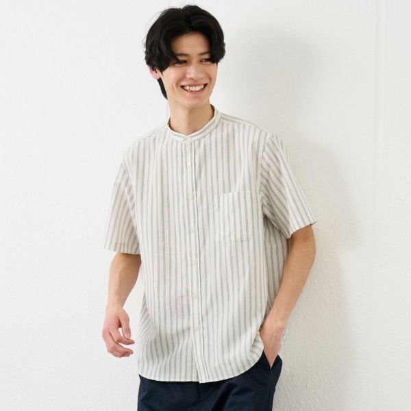 【てまラク】麻入りストライプ半袖シャツ
