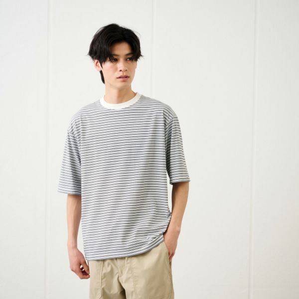 ピースフィットクール　遮熱天竺ボーダー五分袖Tシャツ