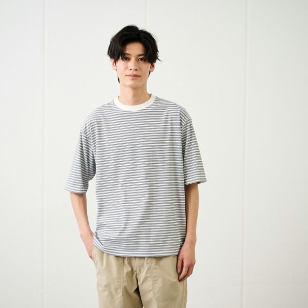 ピースフィットクール　遮熱天竺ボーダー五分袖Tシャツ