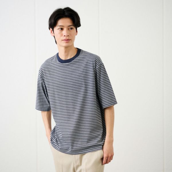 ピースフィットクール　遮熱天竺ボーダー五分袖Tシャツ