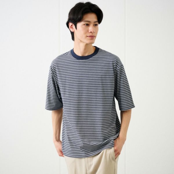 ピースフィットクール　遮熱天竺ボーダー五分袖Tシャツ