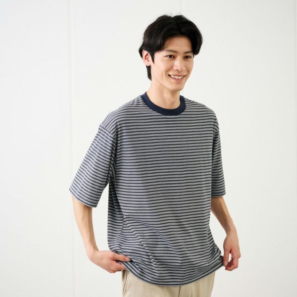 ピースフィットクール　遮熱天竺ボーダー五分袖Tシャツ