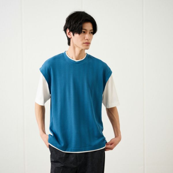 フェイクベストレイヤード　クルーネック五分袖Tシャツ