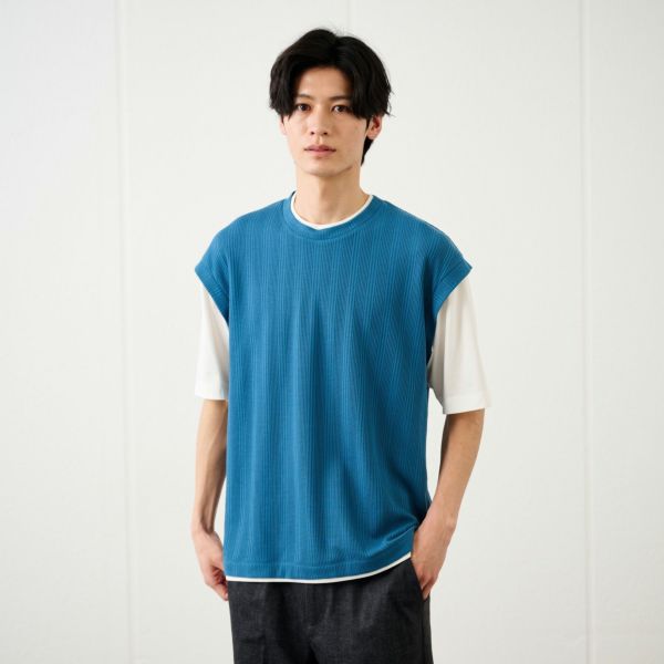フェイクベストレイヤード　クルーネック五分袖Tシャツ
