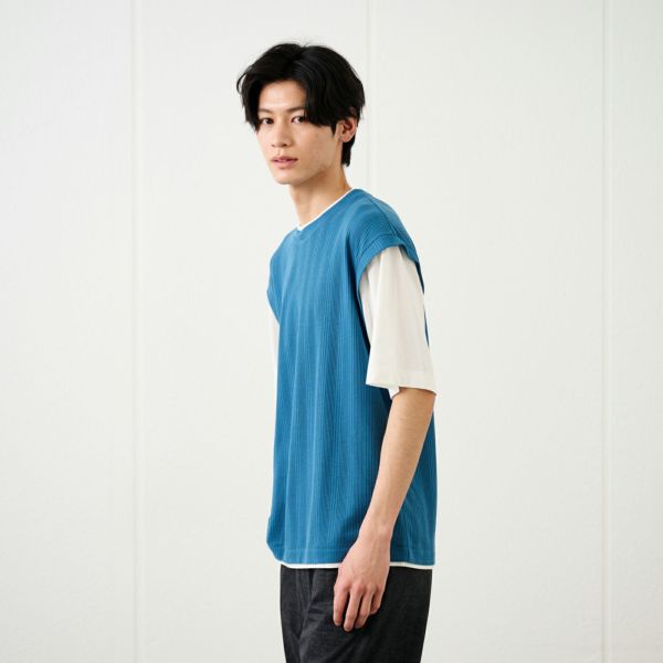 フェイクベストレイヤード　クルーネック五分袖Tシャツ