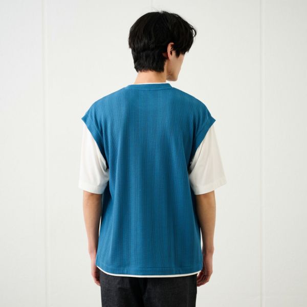 フェイクベストレイヤード　クルーネック五分袖Tシャツ