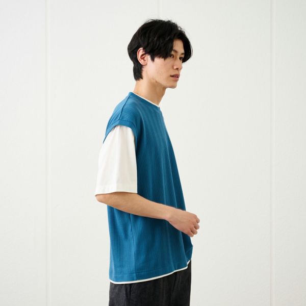 フェイクベストレイヤード　クルーネック五分袖Tシャツ