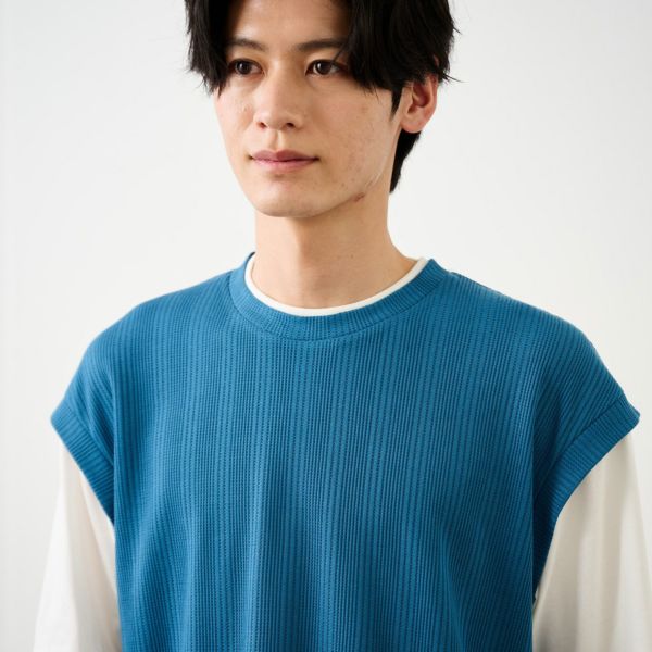 フェイクベストレイヤード　クルーネック五分袖Tシャツ