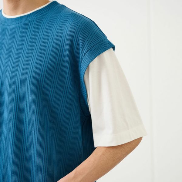 フェイクベストレイヤード　クルーネック五分袖Tシャツ
