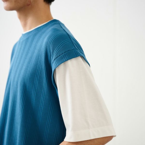 フェイクベストレイヤード　クルーネック五分袖Tシャツ