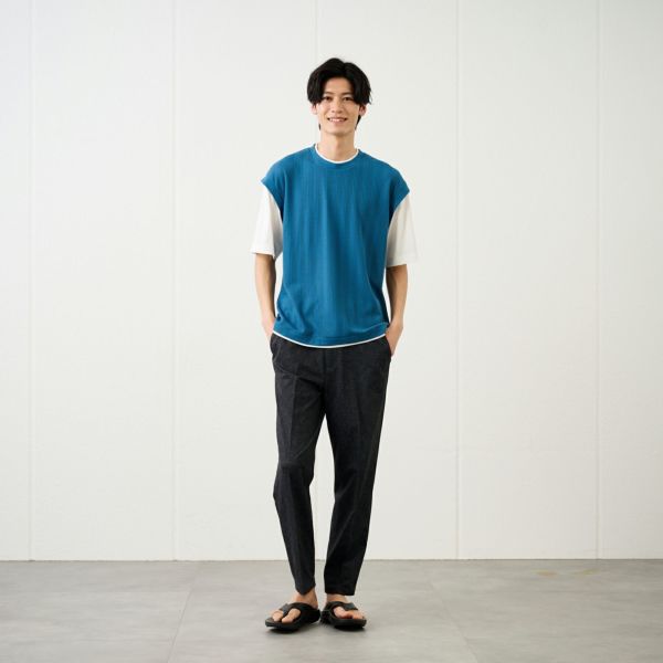 フェイクベストレイヤード　クルーネック五分袖Tシャツ