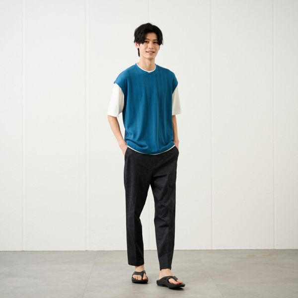 フェイクベストレイヤード　クルーネック五分袖Tシャツ