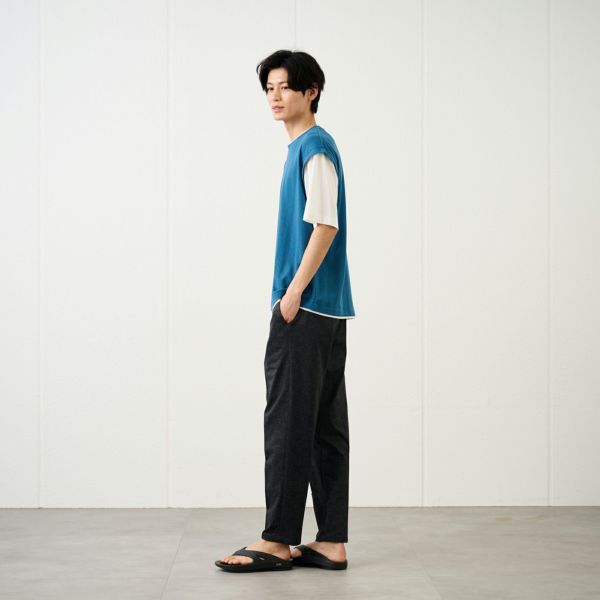 フェイクベストレイヤード　クルーネック五分袖Tシャツ