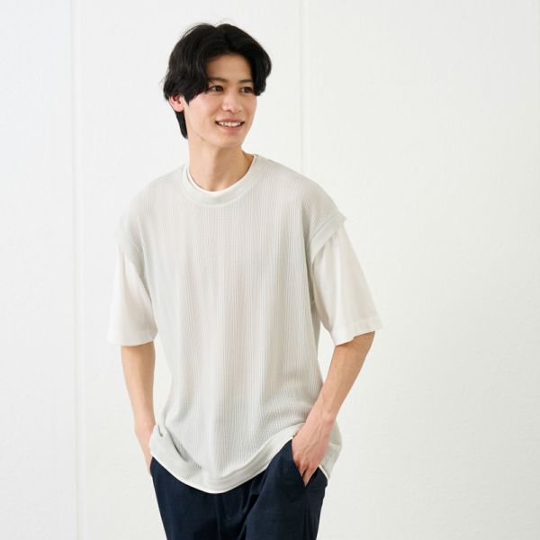 フェイクベストレイヤード　クルーネック五分袖Tシャツ