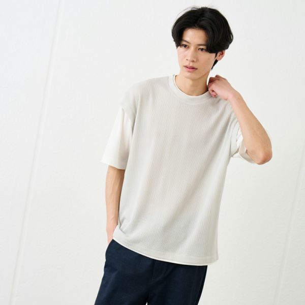 フェイクベストレイヤード　クルーネック五分袖Tシャツ
